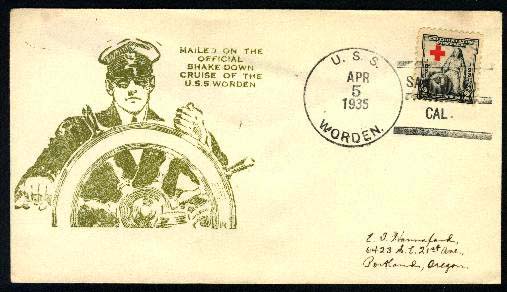 Envelope mailed aboard destroyer USS Worden (DD 352) on 5 April 1935