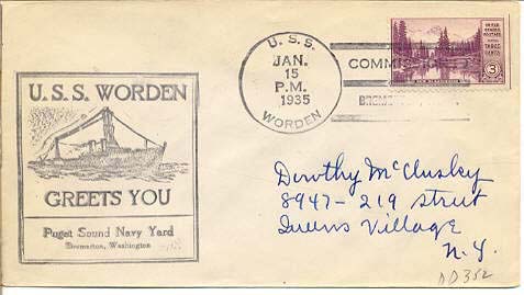 Commissioning Day souvenir envelope mailed aboard destroyer USS Worden (DD 352) on 15 Janaury 1935