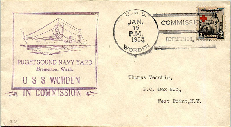 Envelope mailed aboard destroyer USS Worden (DD 352) in January 1935
