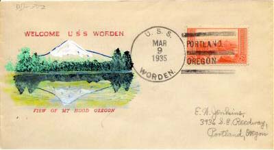 Envelope mailed aboard destroyer USS Worden (DD 352) in March 1935