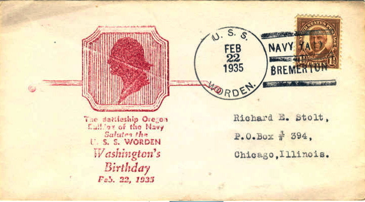 Envelope mailed aboard destroyer USS Worden (DD 352) in February 1935