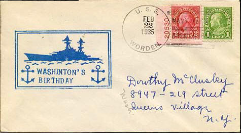 Envelope mailed aboard destroyer USS Worden (DD 352) on 22 February 1935