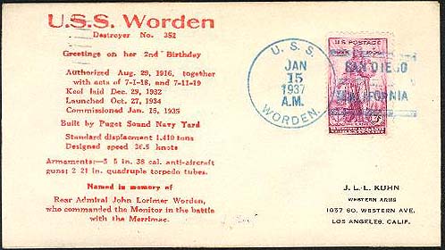 Envelope mailed aboard destroyer USS Worden (DD 352) in 1937