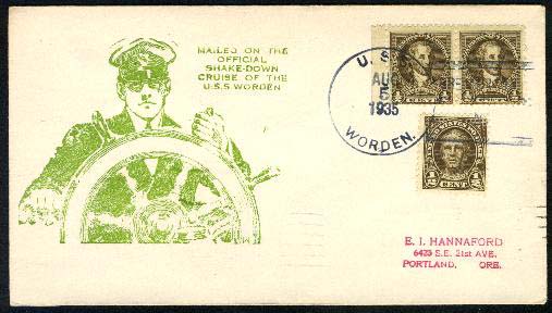 Envelope mailed aboard destroyer USS Worden (DD 352) in August 1935