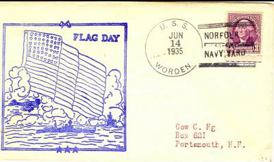 Envelope mailed aboard destroyer USS Worden (DD 352) on Flag Day 1935