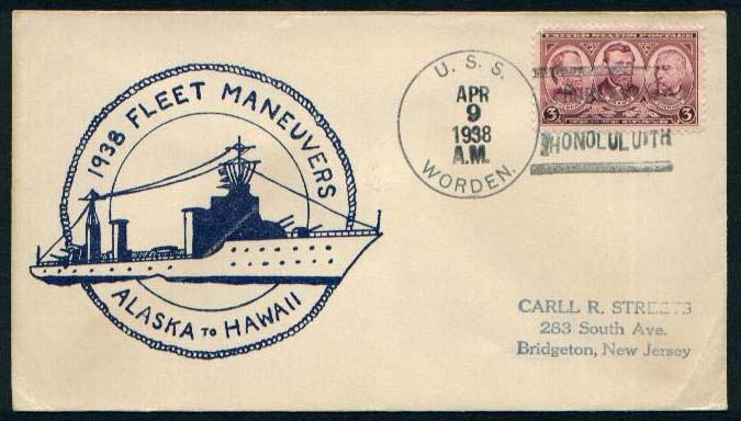 Envelope mailed aboard destroyer USS Worden (DD 352) in April 1938