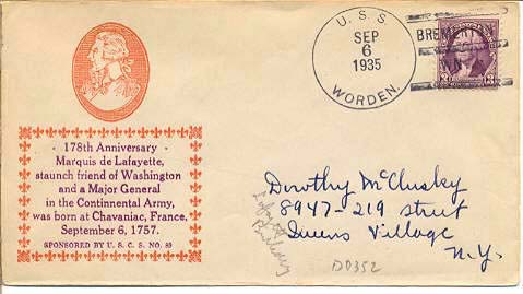 Envelope mailed aboard destroyer USS Worden (DD 352) in September 1935