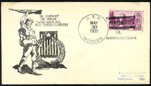 Envelope mailed aboard destroyer USS Worden (DD 352) on 30 May 1935