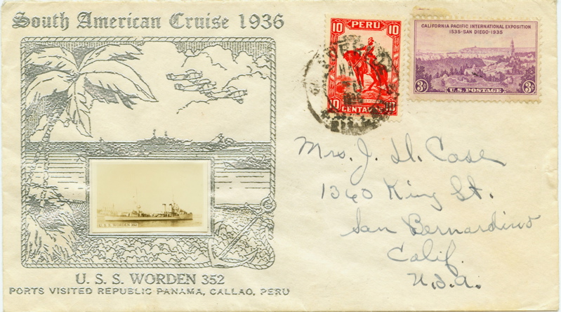 South America cruise souvenir envelope mailed from USS Worden (DD 352) off Peru in May 1936